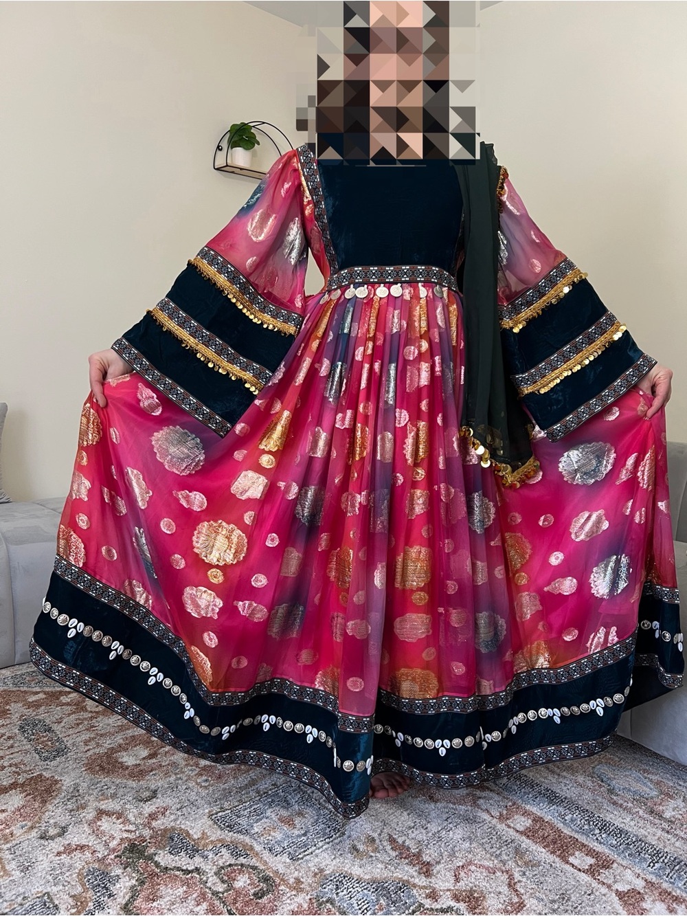 Pink and Navy blue handmade Afghan dress